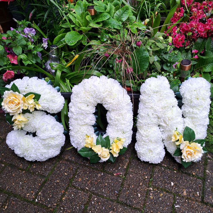 Artificial Funeral Flowers 3 letters on stand