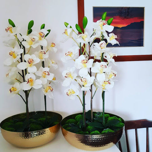 Artificial Orchids in Brass Bowls
