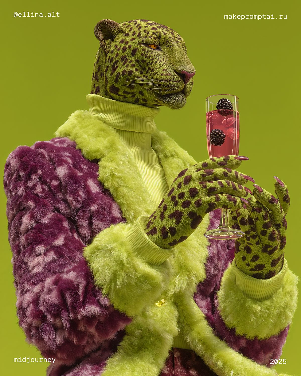 Personagem híbrido com cabeça de felino vestindo casaco verde e roxo, segurando taça com bebida rosa, em arte conceitual criada com inteligência artificial.