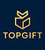 Logo da TOPGIFT em dourado sobre fundo azul marinho, marca especializada em brindes corporativos personalizados e kits execut