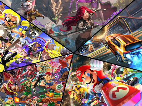 (Image combining the 5 games League of Legends, Rocket League, Mario Kart 8 Deluxe, Super Smash Bros Ultimate, and Splatoon 3. Graciously provided by Riot Games, Epic Games, and Nintendo)