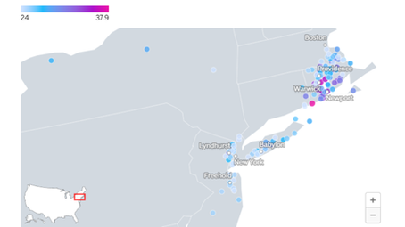 A grey outline of the northeastern US states, with colored dots, indicating where 24-38 inches of snow has fallen in a 24 hour period