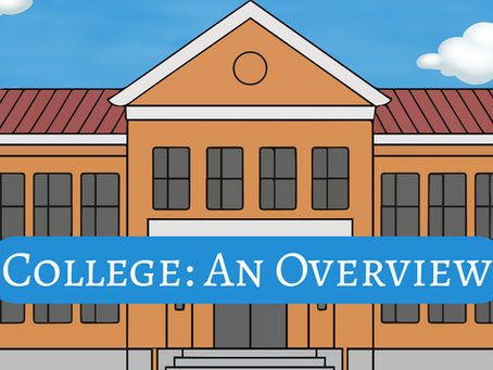 A building in front of a blue sky and the words College: an overview superimposed on top of it.