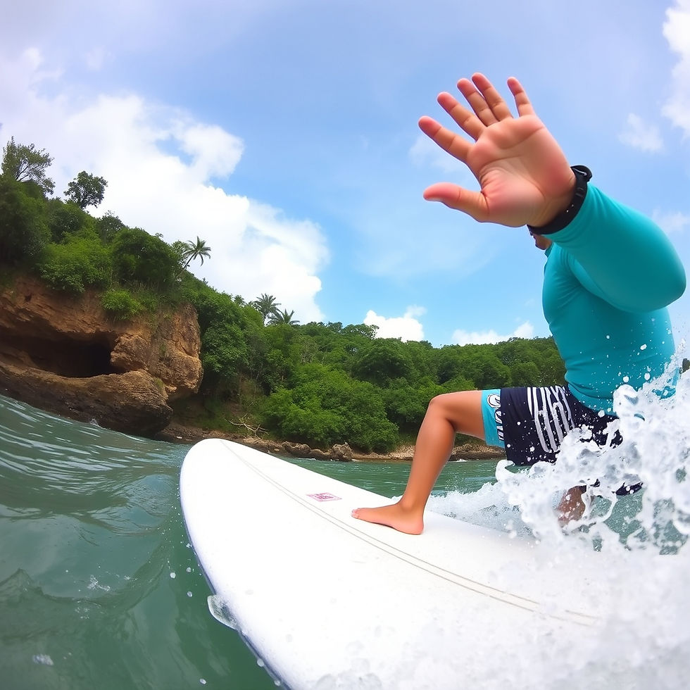 A beginner surfer having fun and waving to the camera.jpg