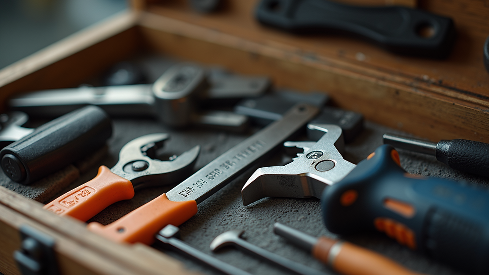 Close-up view of a handyman’s toolbox with various tools neatly arranged