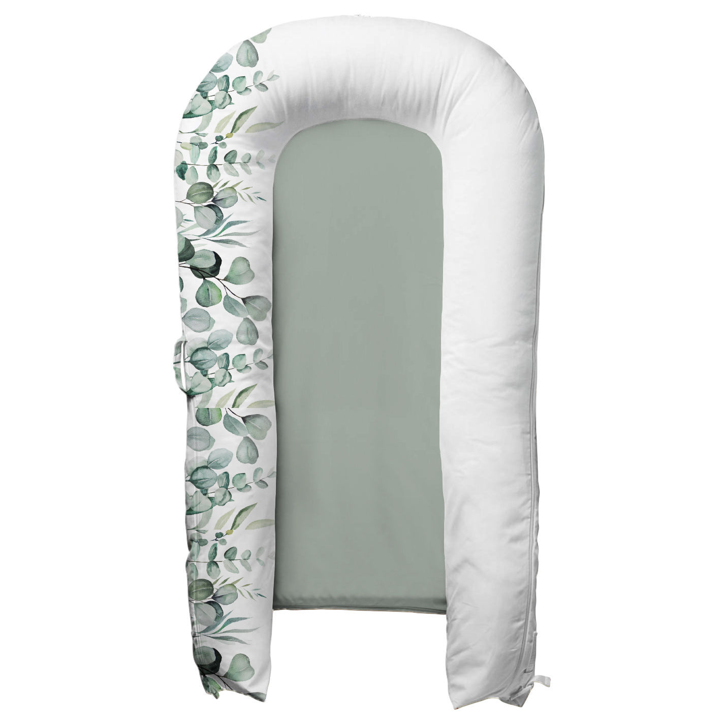 Eucalyptus Ellie Baby Nest - A cozy and secure baby nest featuring the adorable Ellie the elephant design surrounded by soft eucalyptus greenery. Perfect for keeping your little one snug and comfortable, this nest is crafted with soft, breathable materials for ultimate comfort and safety. A serene and nature-inspired addition to any nursery, providing a safe and restful environment for your baby.