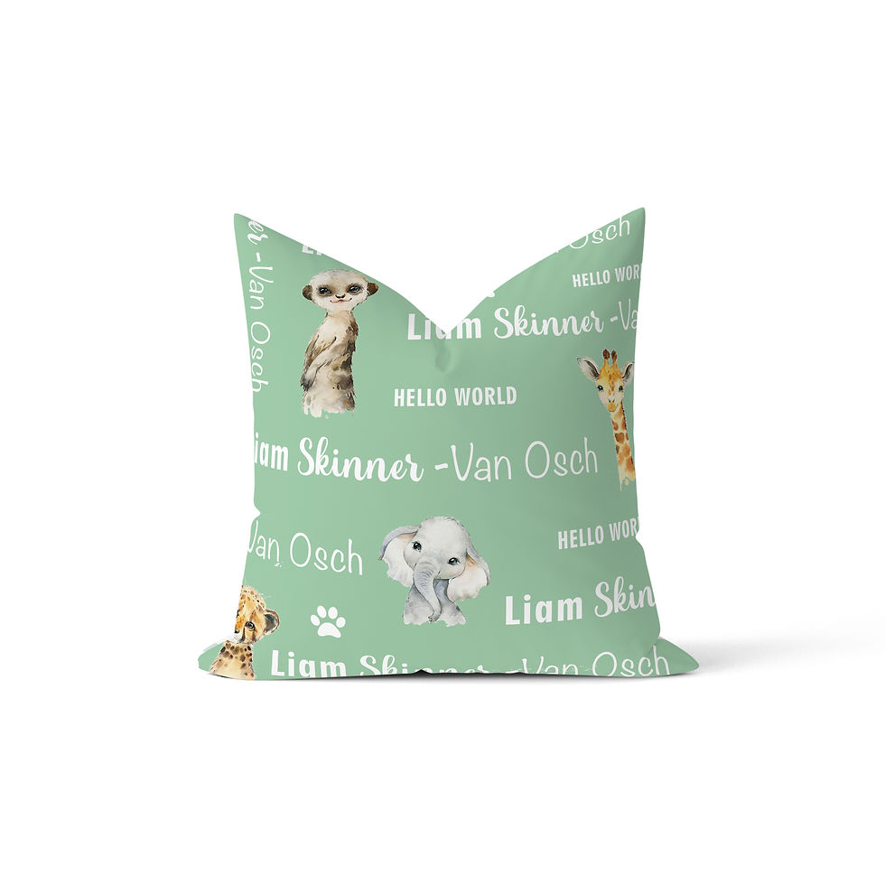 Pastel Jungle Safari Personalized Pillow - A charming pillow featuring a soft pastel jungle safari design with adorable animal illustrations. Perfect for adding a playful and personalized touch to your little one's nursery or bed. Crafted with high-quality materials for comfort and durability, this pillow can be customized with your child’s name, making it a unique and thoughtful addition to any room."