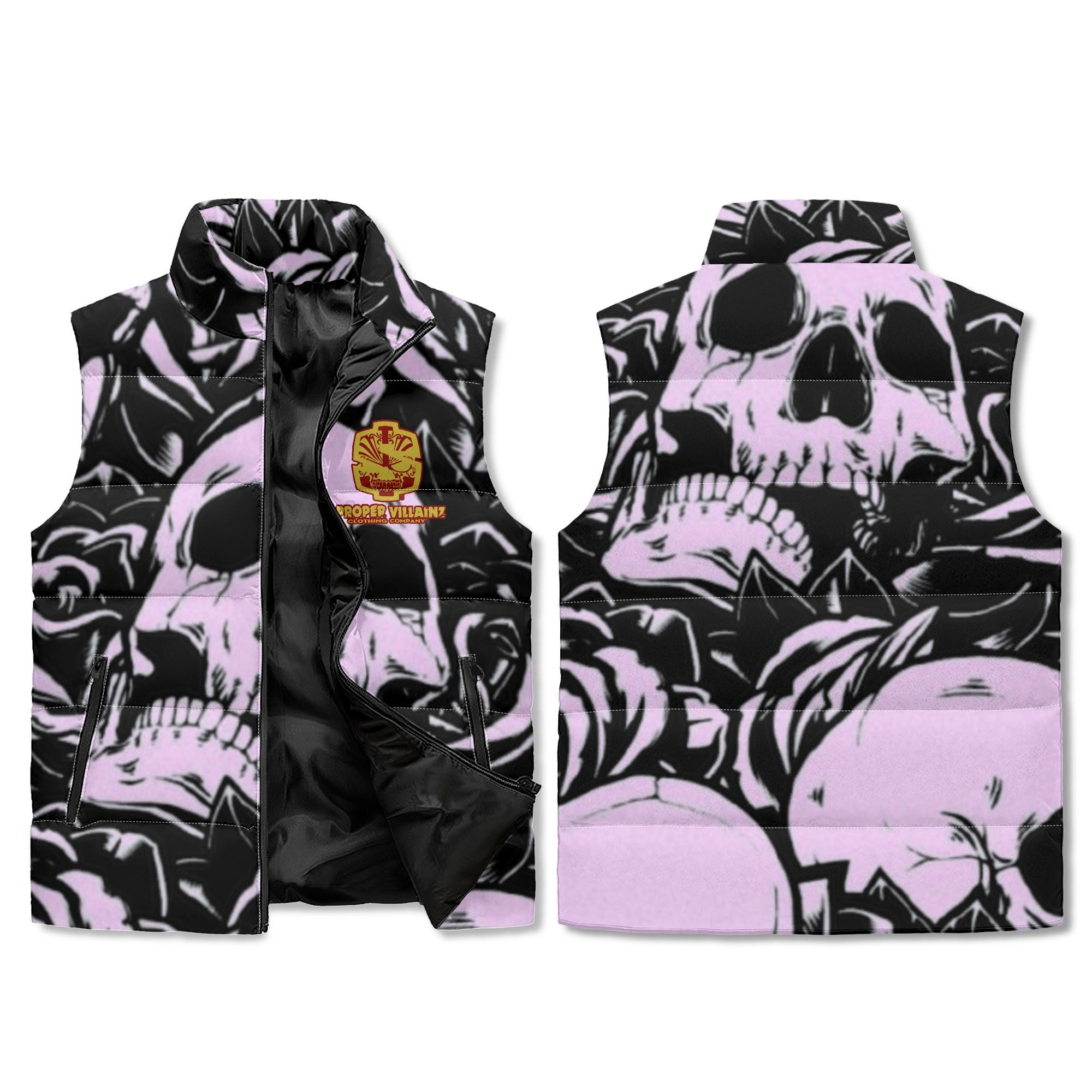 Proper Villainz Zip Up Puffer Vest/ Twisted Pink Skulls