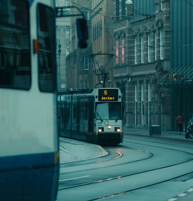 A tram in Amsterdam on a cloudy and cold
