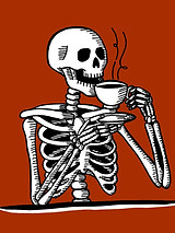 Skeleton drinking steaming tea on a dark red background