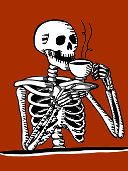 A black and white drawing of a skeleton from the waist up drinking a hot cup of tea. It sits against a dark red background.