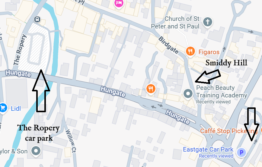 Map of Pickering showing car parks and Smiddy Hill.