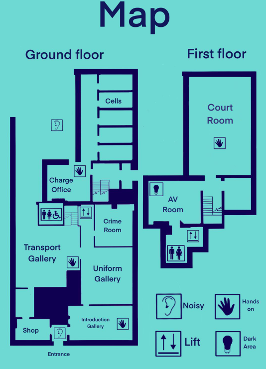 Ground and first floor museum map with sensory icons.