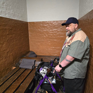 Bob and his rollator in a GMP Museum cell.