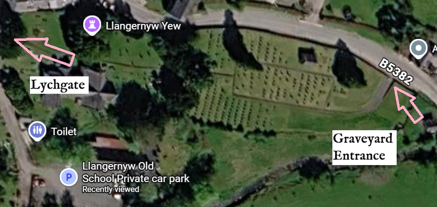 Aerial map showing Llangernyw Yew, Lychgate, and Graveyard Entrance.