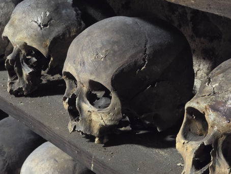 Some of the skulls found in the Rothwell bone crypt. This photo shows three of them, all missing their lower jaws on a shelf.