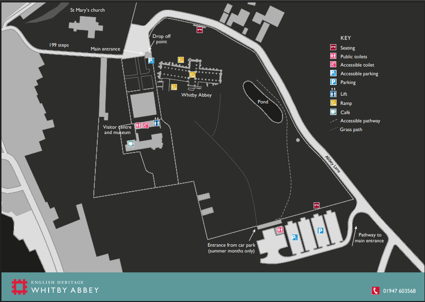 Map of Whitby Abbey showing accessible routes and facilities.