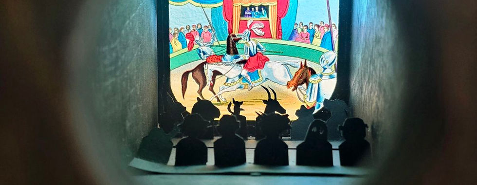 Small ghosts viewing a carousel through a peephole.