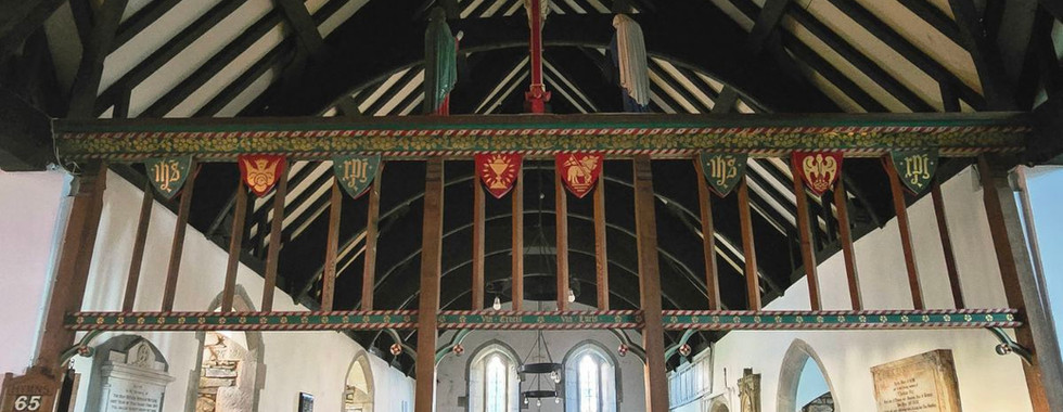 Interior of St. Digain's Church with timber roof beams.