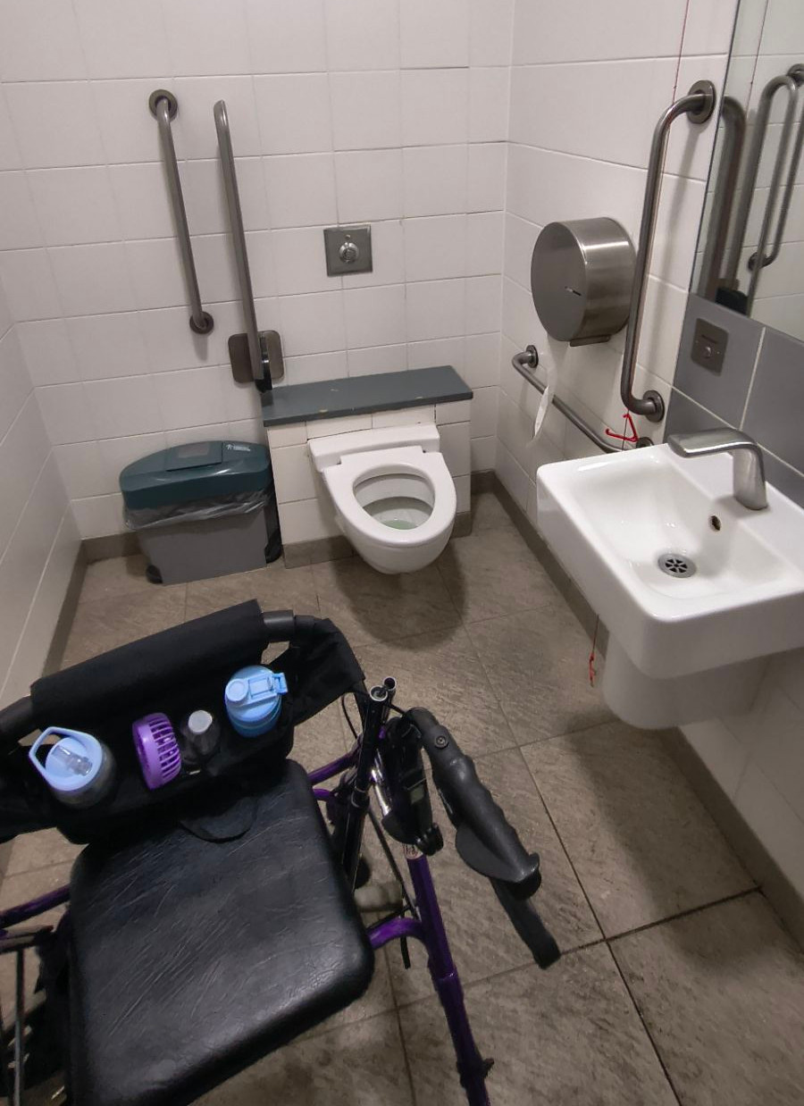 The accessible toilet on site. Bobs rollator can be seen in the foreground.