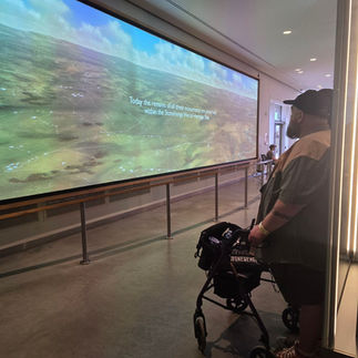 Bob watching a video in the museum at stone henge. The video is projected onto a plain wall rather than via a screen.