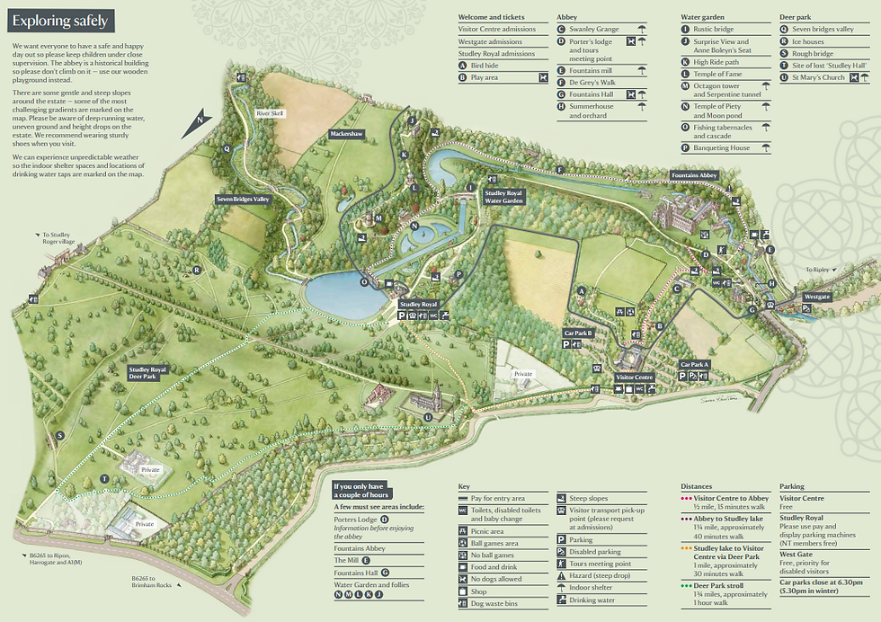 Illustrated map of Fountains Abbey grounds and water garden.