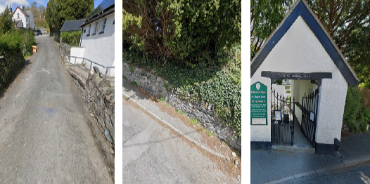 Sloping path and gate at St. Digain's Church entrance.