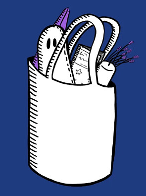 A drawing of a black and white shopping bag with various items poking out of the top such as a ghost plush, a book, a candle and a crystal. It sits against a navy blue background.