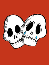 Illustration of two white skulls on a red background, one smiling and  one with blue teardrops.