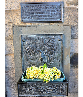 This image shows a photograph of the witches well in Edinburgh. The well is on the wall with a plaque above it explaining its purpose. In the well are yellow flowers.