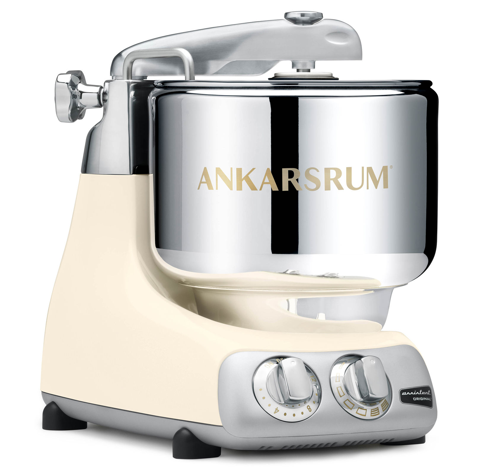 Creme farbige Küchenmaschine von Ankarsrum, mit Edelstahl Rüchrschüssel.