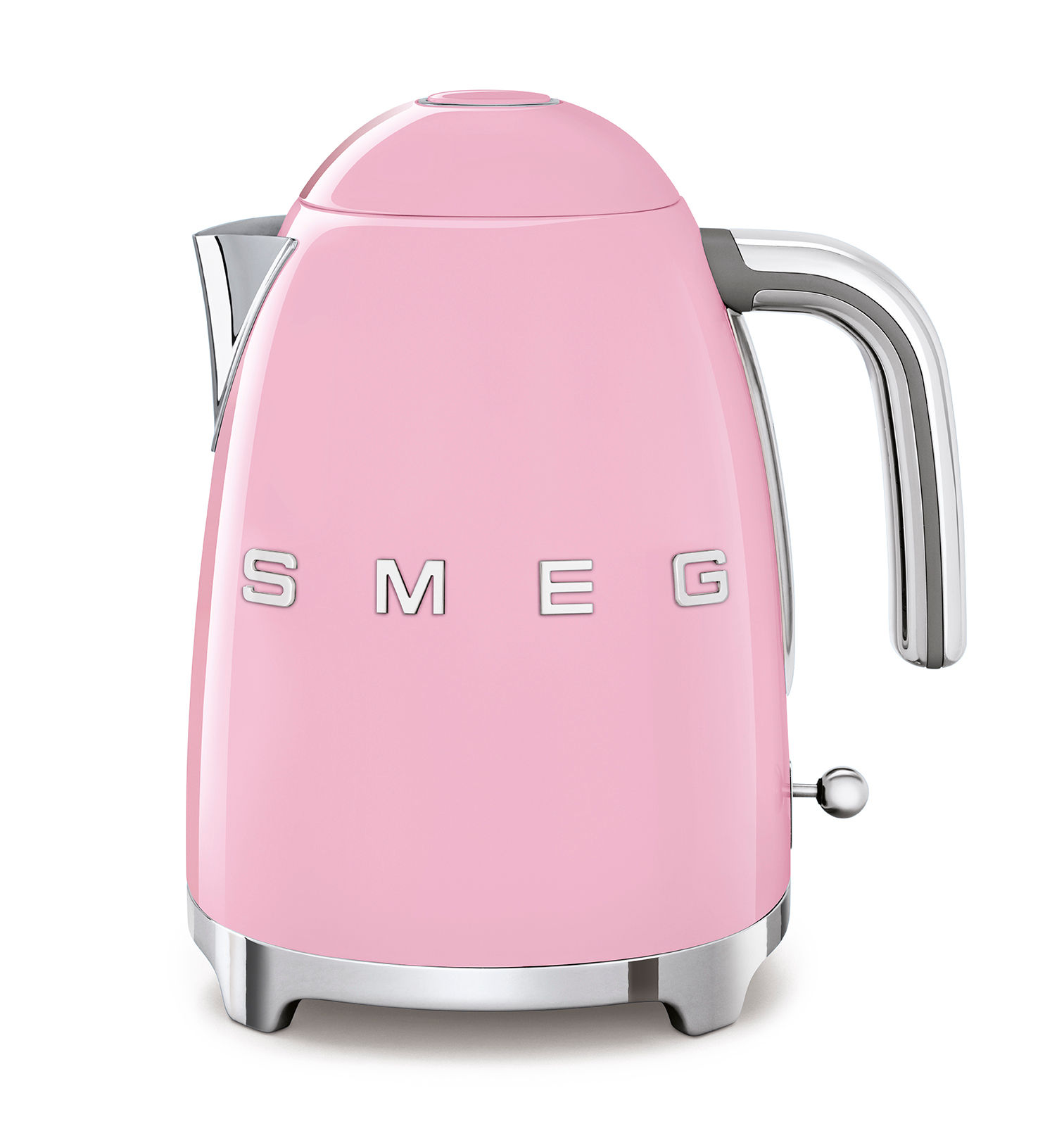 Pastell rosafarbener Wasserkocher der Marke SMEG mit rundem Griff und Hebel an der Seite
