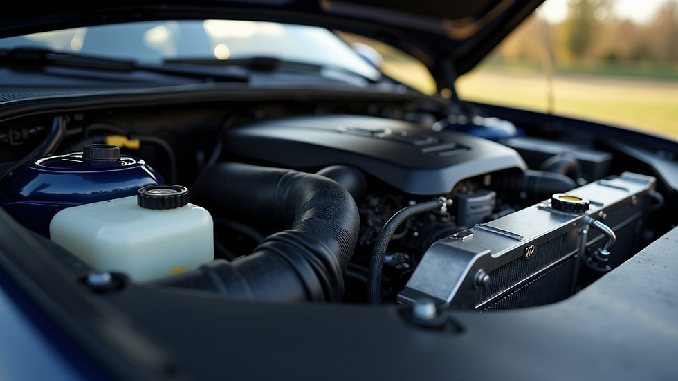 Close-up view of car engine with visible radiator and hoses