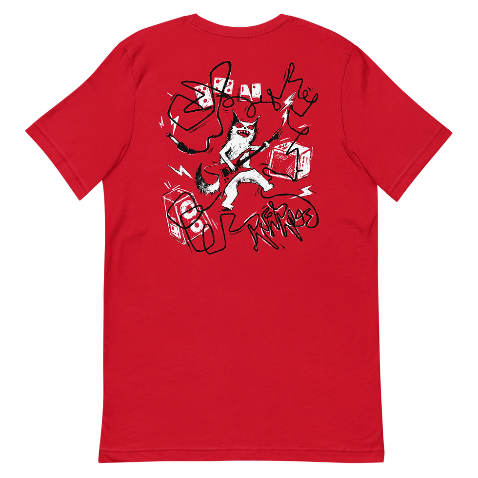 Thumbnail: Red punk rock graphic tee-shirt of a Cat playing punk rock guitar.
