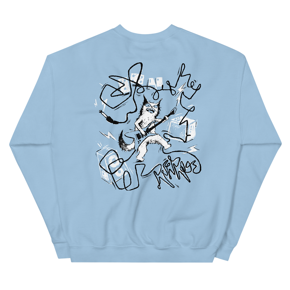 Light blue sweatshirt with a punk rock graphic print of a Cat playing guitar. Music-inspired clothing.