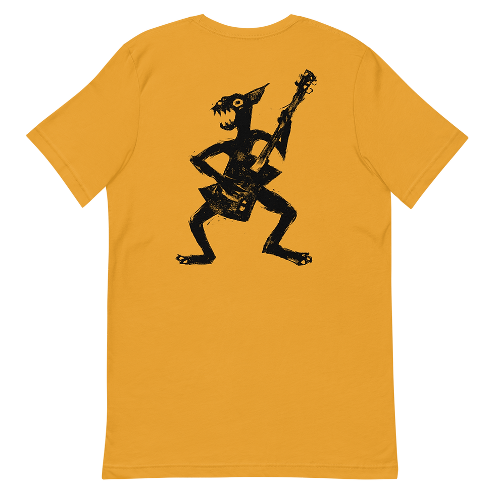 Mustard tee-shirt with graphic design print of a creature playing bass guitar. Clothing inspired by metal music.