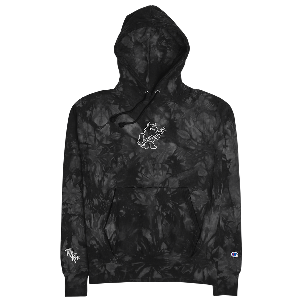 Black tie-dye champion hoodie embroidered with a character playing guitar. Music inspired clothing and graphics designs.