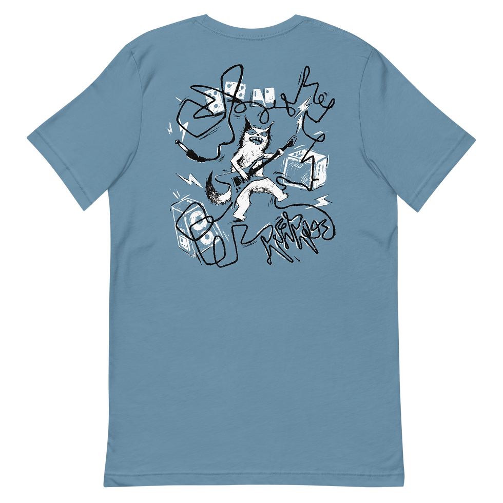 Thumbnail: Blue Gray punk rock graphic tee-shirt of a Cat playing punk rock guitar.