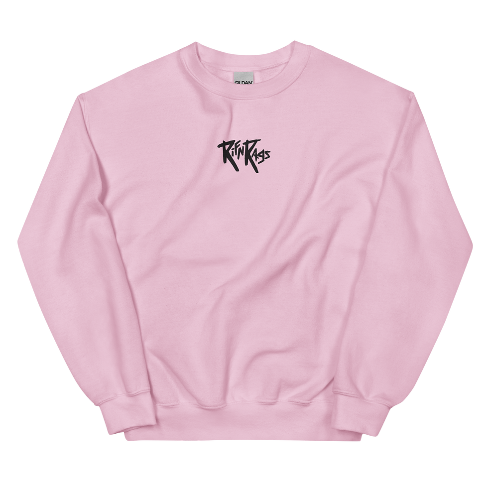 Front view with logo of pink crewneck sweatshirt with bass guitar player graphic design.  