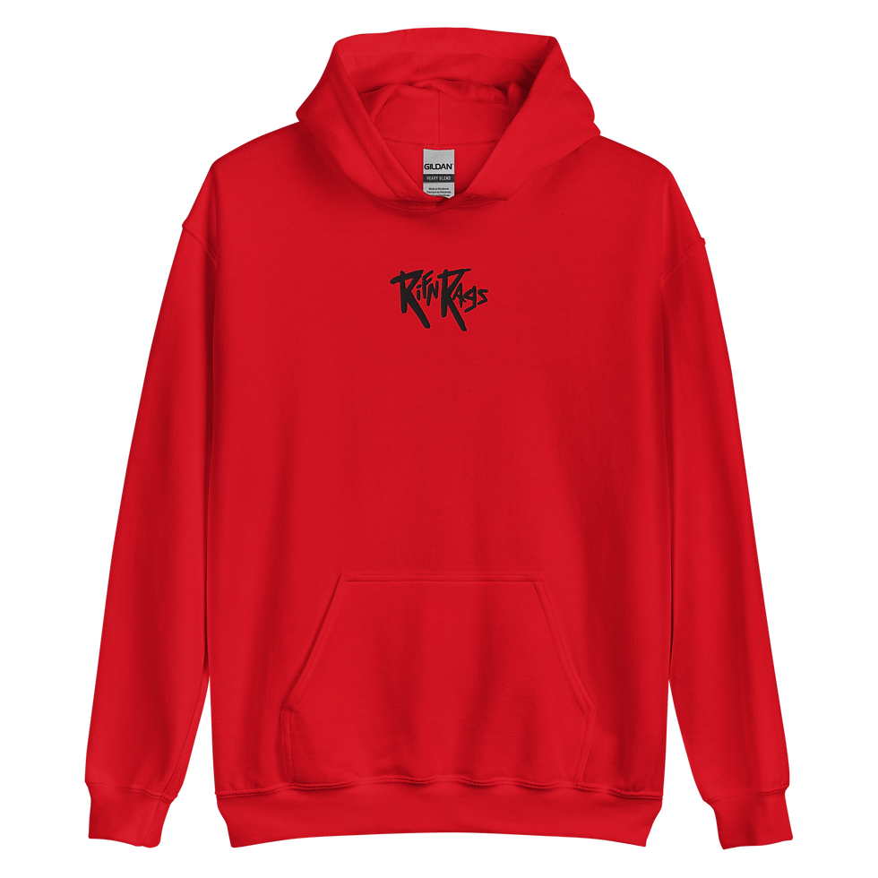 Front side of red hoodie with Rifn Rags logo. Punk rock graphic hoodie.  