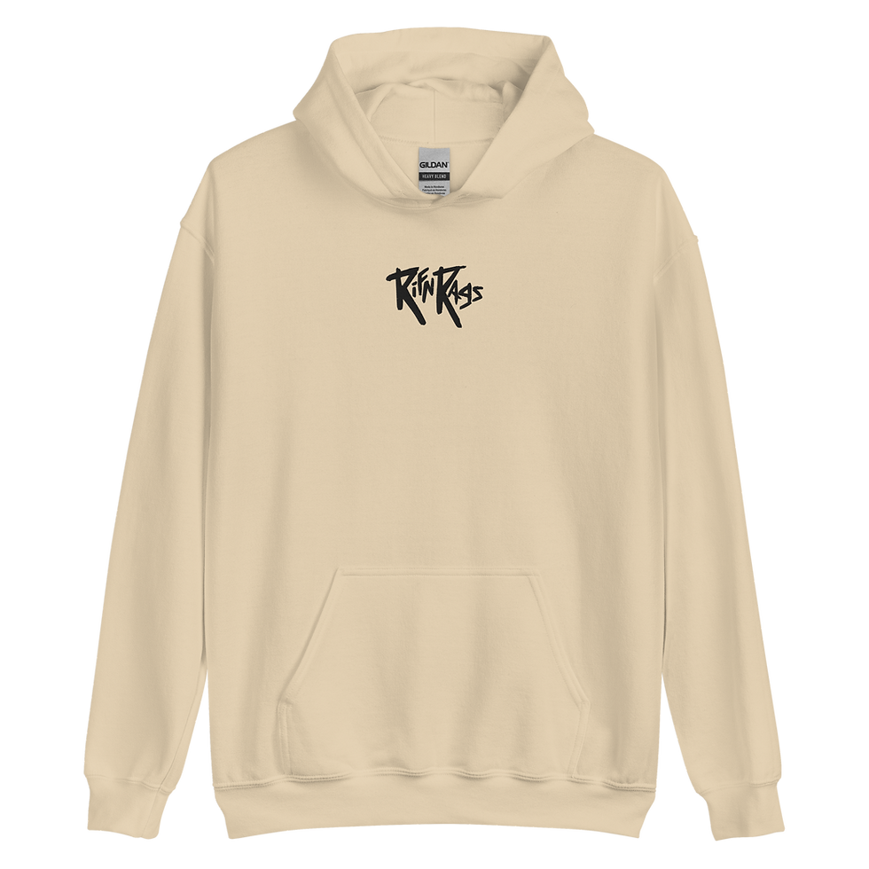 Thumbnail: Front side of tan bass guitar graphic hoodie with logo. Metal bass guitar hoodie.