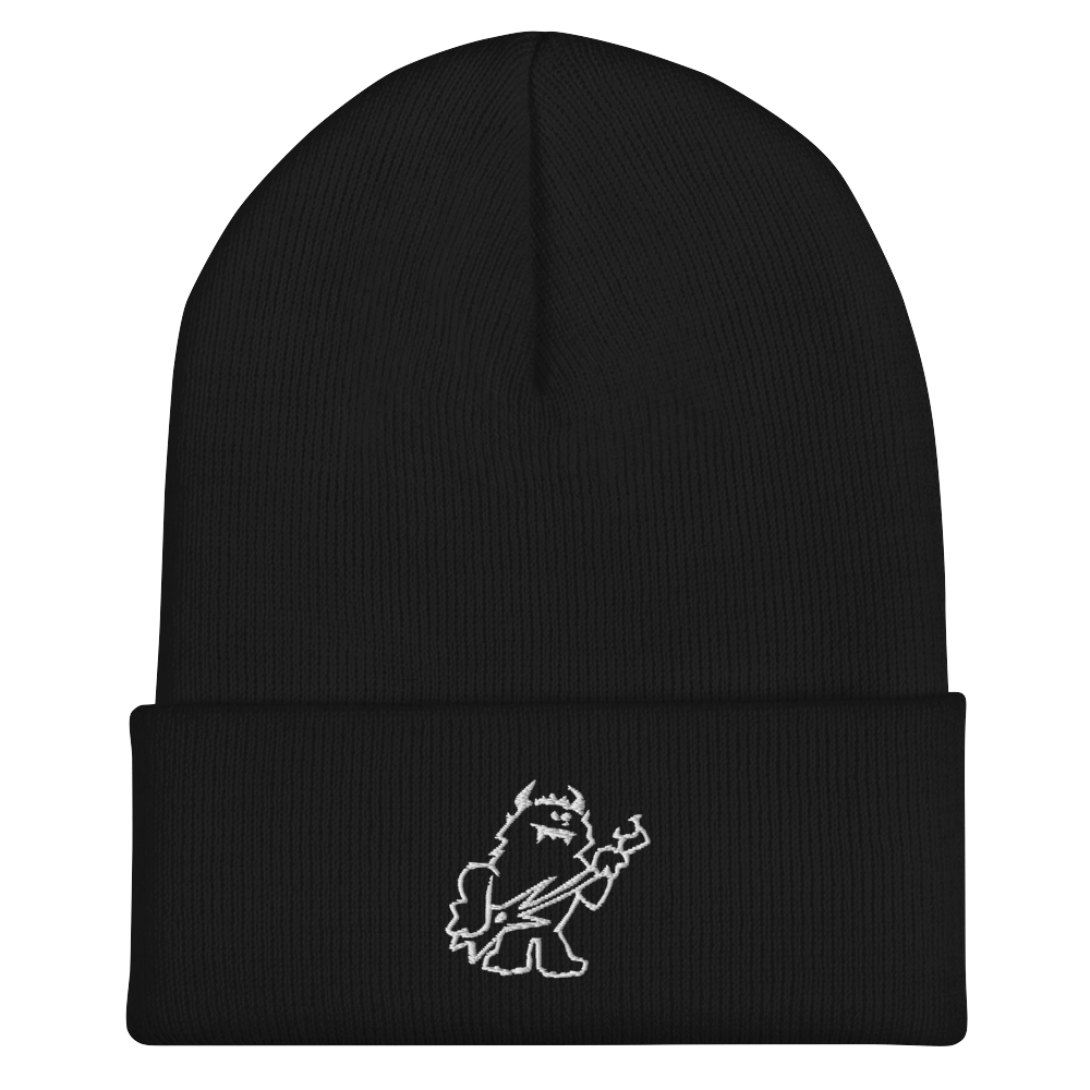 Black hat embroidered with a character playing guitar. Music inspired clothing and graphics designs.