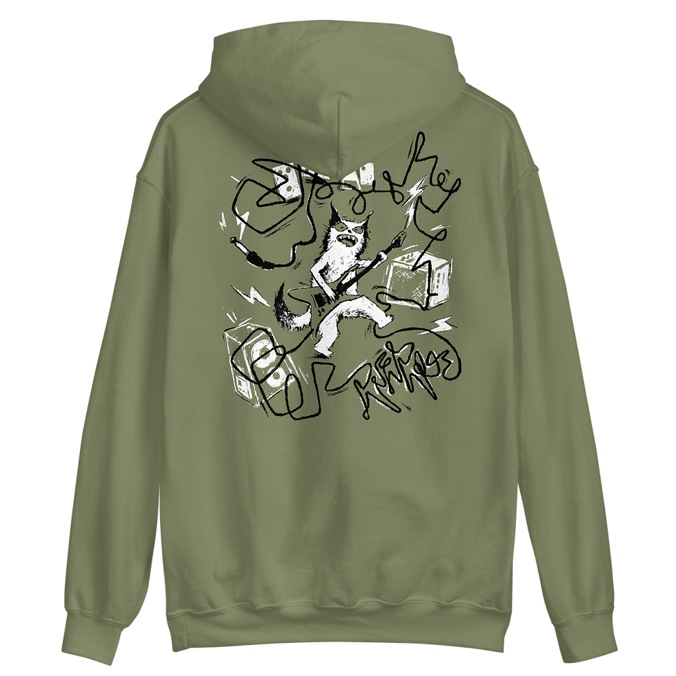 Thumbnail: Green hoodie with a punk rock graphic print of a hardcore looking animal playing metal guitar. 