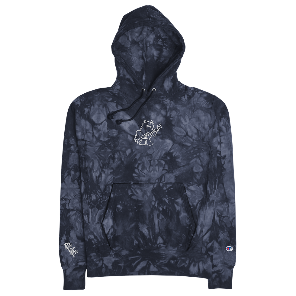 Blue tie-dye champion hoodie embroidered with a character playing guitar. Music inspired clothing and graphics designs.