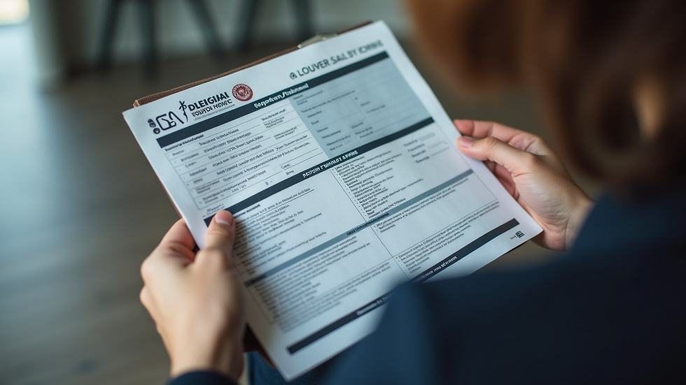 Eye-level view of a person holding a passport and visa application form