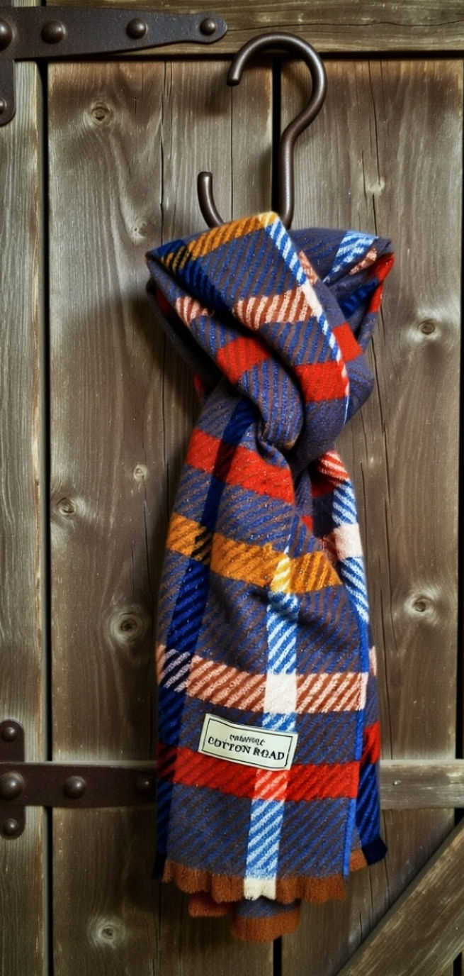 Beautiful Cotton Road scarf, blue/ mustard/ greens