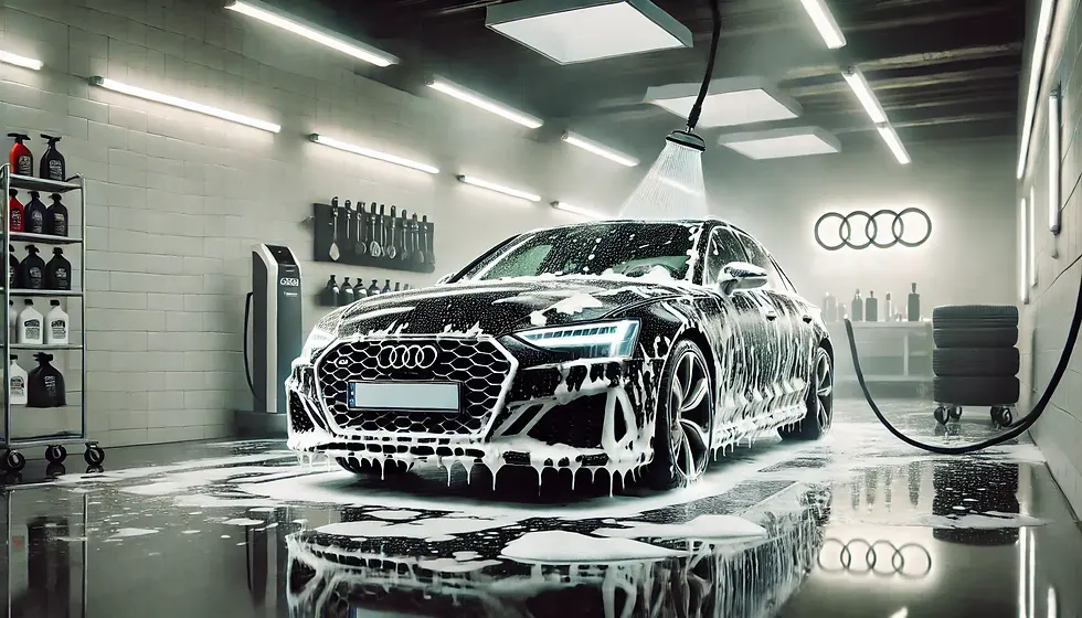 DALL·E 2024-12-08 16.24.14 - A black Audi RS6 being washed with foam in a professional det