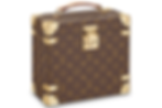Estojo rígido da Louis Vuitton, conhecido como Boîte Flaconnier, com padrão monograma marrom e dourado da marca. O estojo apresenta detalhes em metal dourado nas quinas e fecho frontal, além de uma alça de couro no topo, oferecendo um visual clássico, sofisticado e estruturado