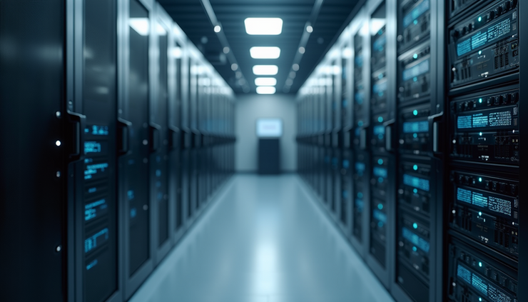Eye-level view of a secure server room with healthcare data equipment