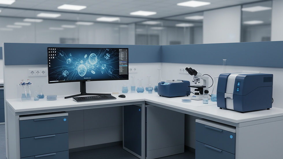 Eye-level view of a modern laboratory workstation with computer and lab equipment